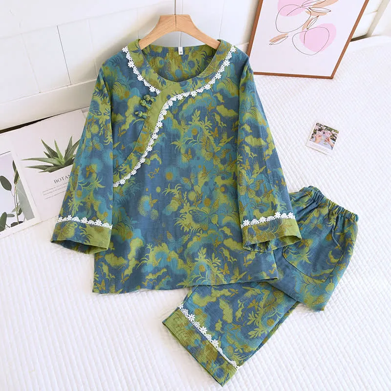 Doppellagiges Gaze-Pyjama-Set mit Retro-Schmetterling