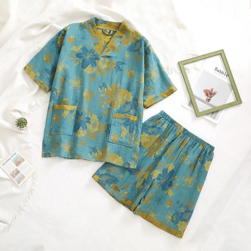 Pyjama-Set aus Baumwollgaze mit V-Ausschnitt und kurzen Ärmeln