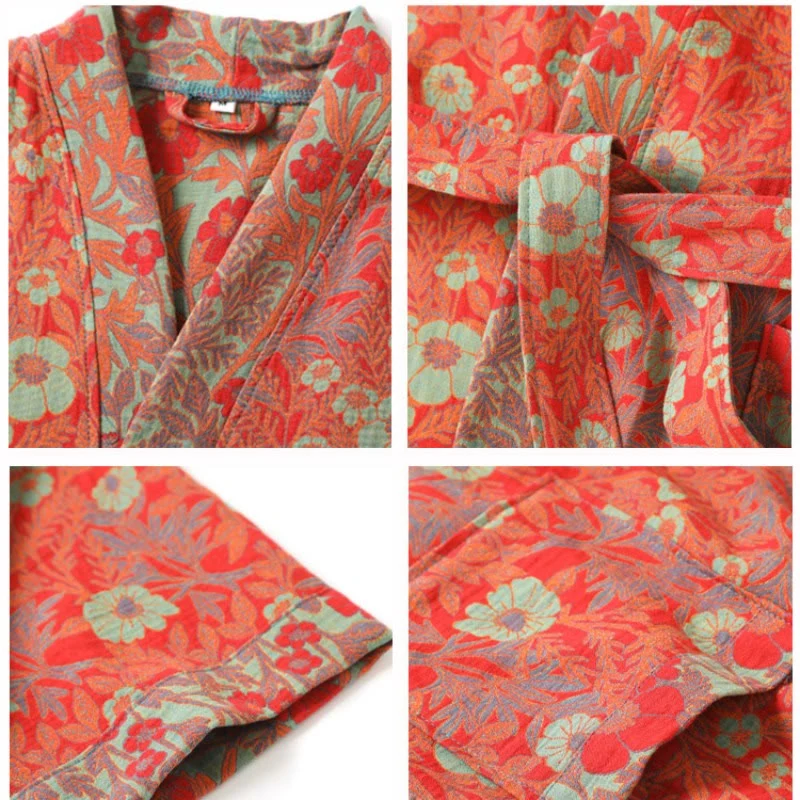 Bademantel aus Baumwolle mit Blumen-Jacquardmuster und Gürtel