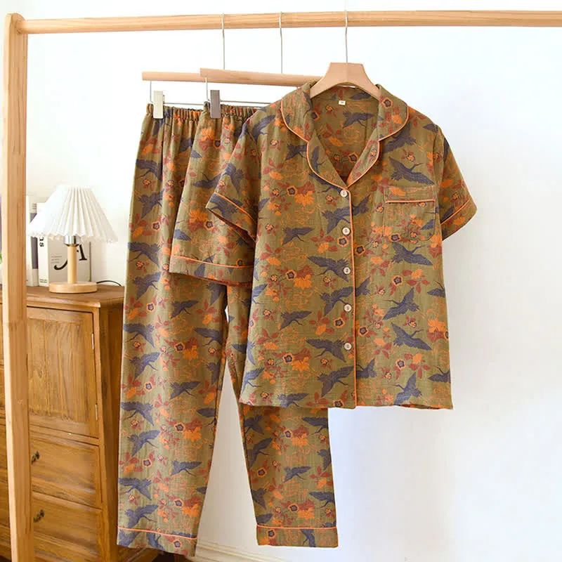 Pyjama-Set aus Baumwolle mit Jacquard-Blumen und Vogelmotiv (3-teilig)