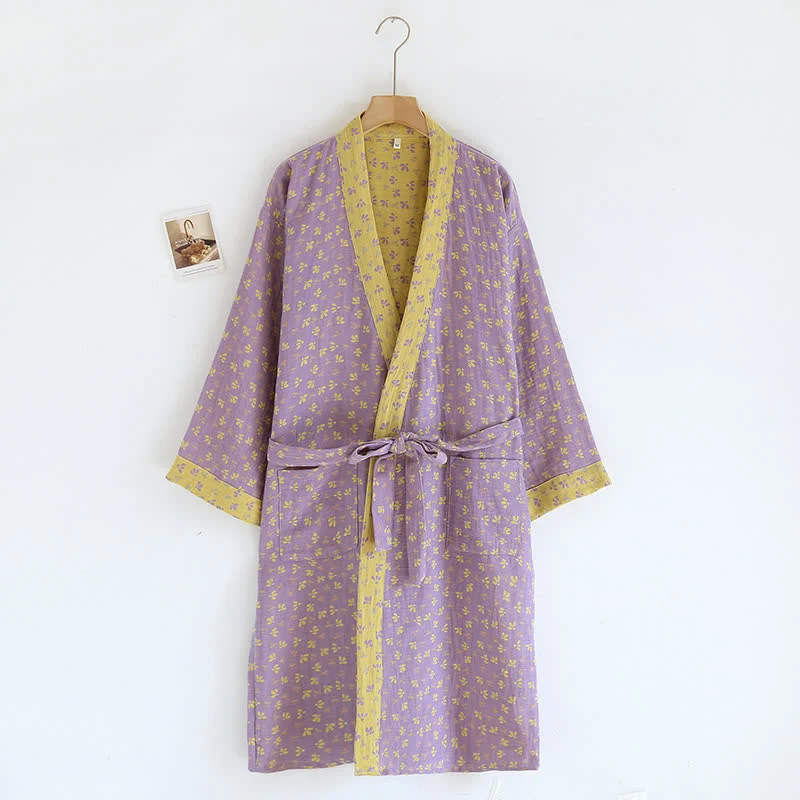Kimono-Bademantel aus Baumwollgaze mit Jacquard-Blumenmuster