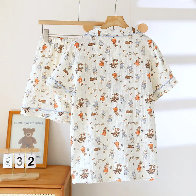 Kurzärmliges Loungewear-Set aus Baumwollgaze mit Kaninchen-Print