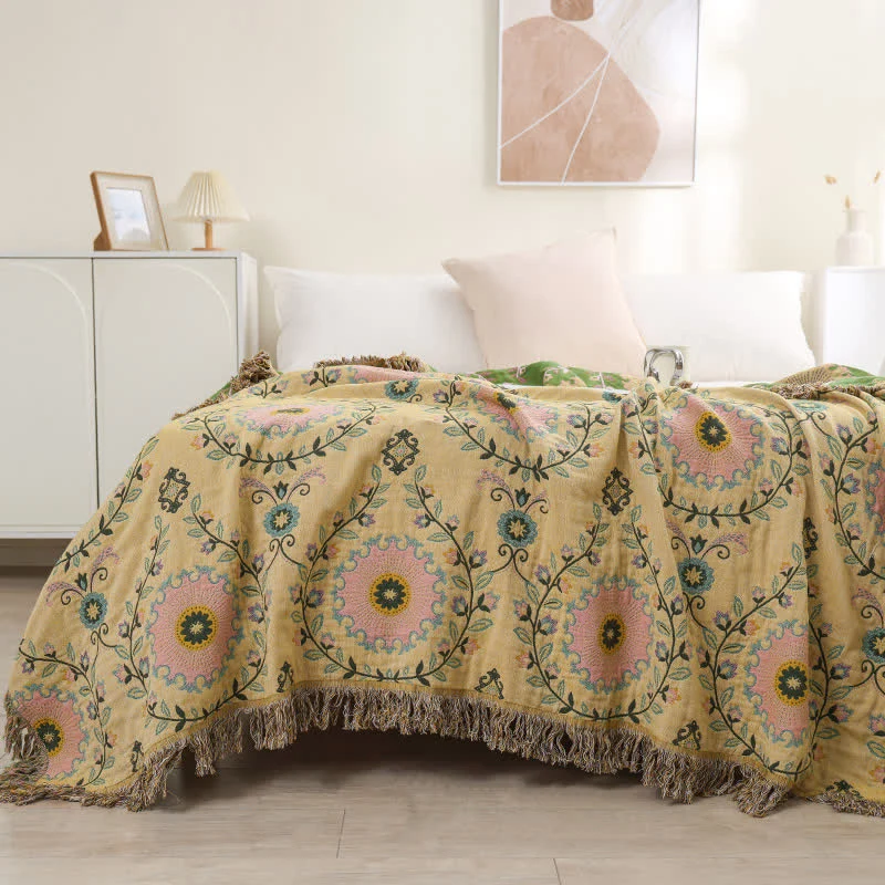 Ownkoti Retro-Steppdecke aus Baumwollgaze mit wendbarer Quaste