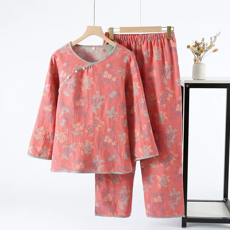 Garngefärbtes Jacquard-Pyjama-Set mit rundem Ausschnitt
