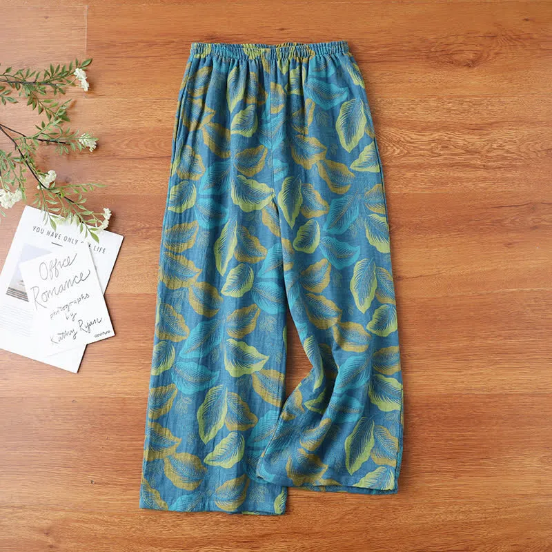 Pyjamahose aus Baumwollgaze mit Vintage-Blatt-Jacquardmuster