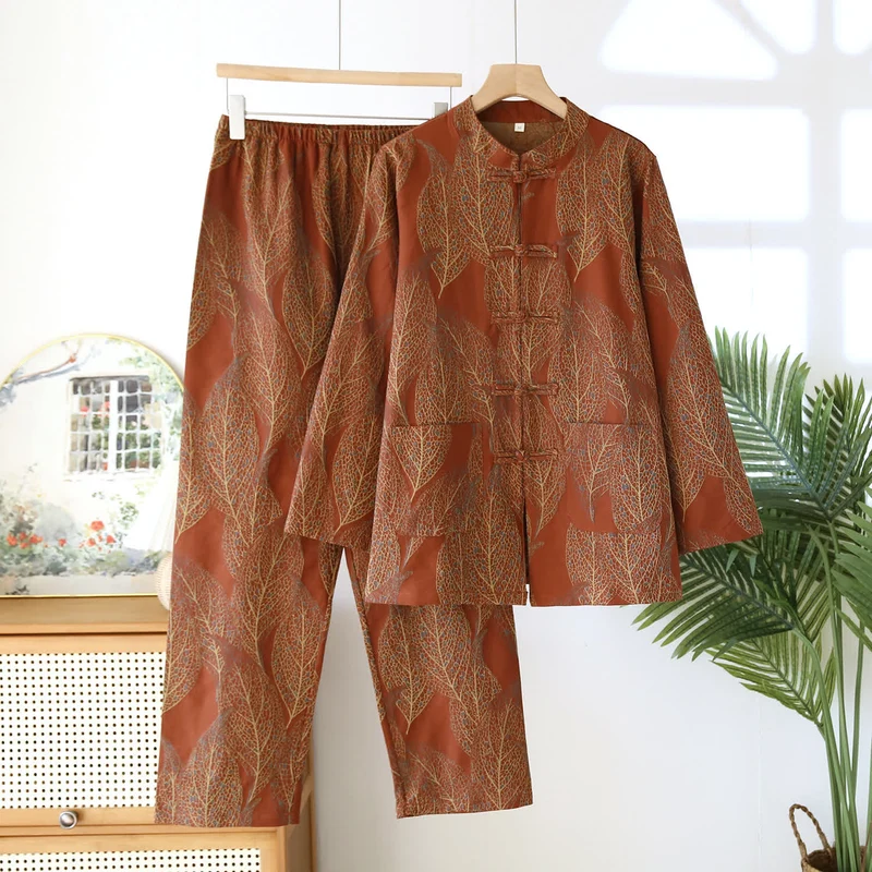 Froschknopf Retro Blatt Paar Pyjama Set