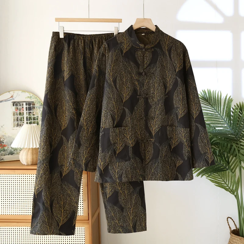 Froschknopf Retro Blatt Paar Pyjama Set