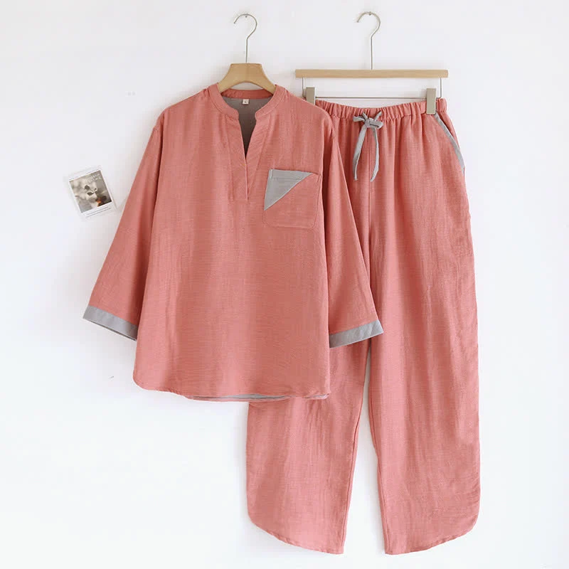 Doppellagiges Pyjama-Set aus Baumwollgaze mit Farbblockdesign