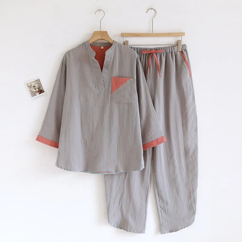 Doppellagiges Pyjama-Set aus Baumwollgaze mit Farbblockdesign