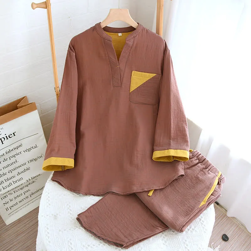 Doppellagiges Pyjama-Set aus Baumwollgaze mit Farbblockdesign