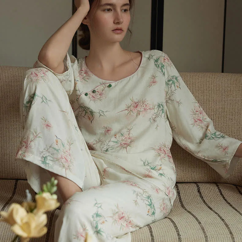Pastorales Pyjama-Set aus Bambusfaser mit Rundhalsausschnitt