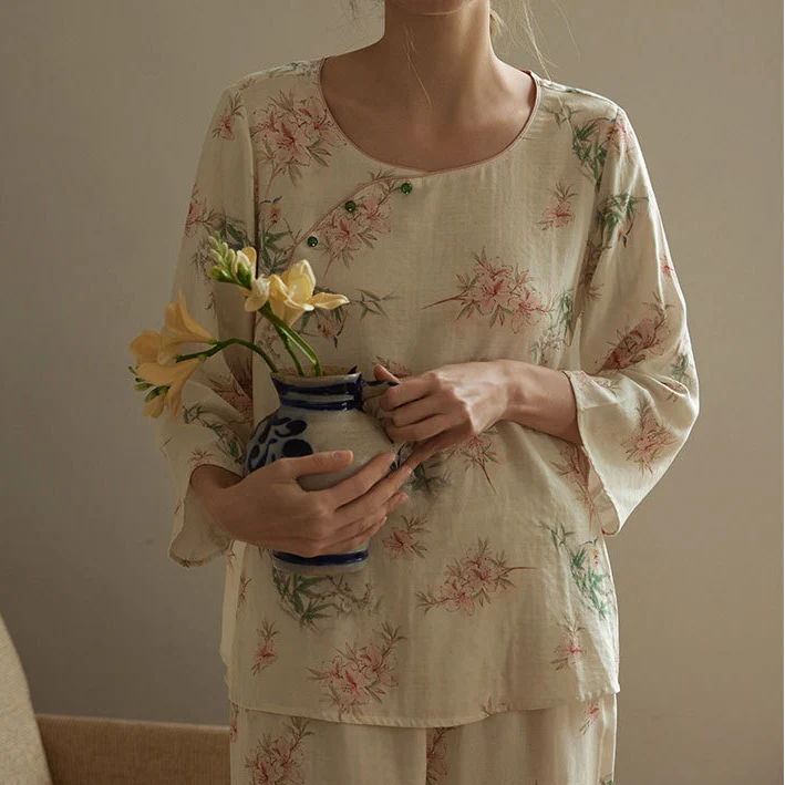 Pastorales Pyjama-Set aus Bambusfaser mit Rundhalsausschnitt