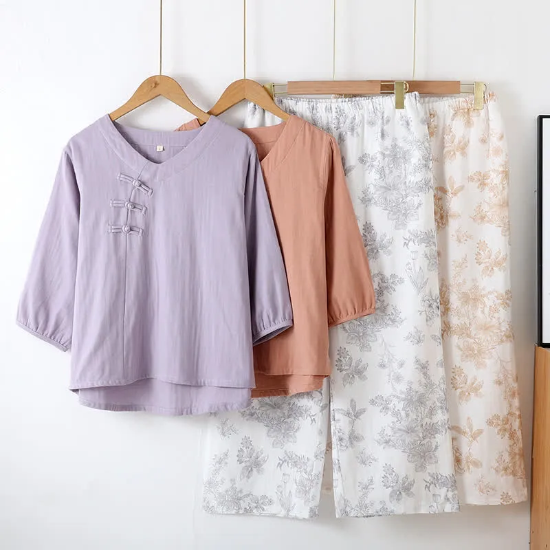 Pyjama-Set aus Baumwolle mit Blumenmuster und Dreiviertelärmeln