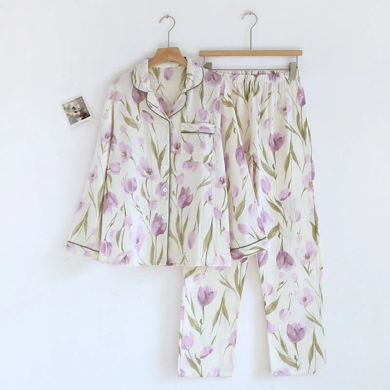 Jacquard-Pyjama-Set aus Baumwollgaze mit Tulpenmuster und Revers