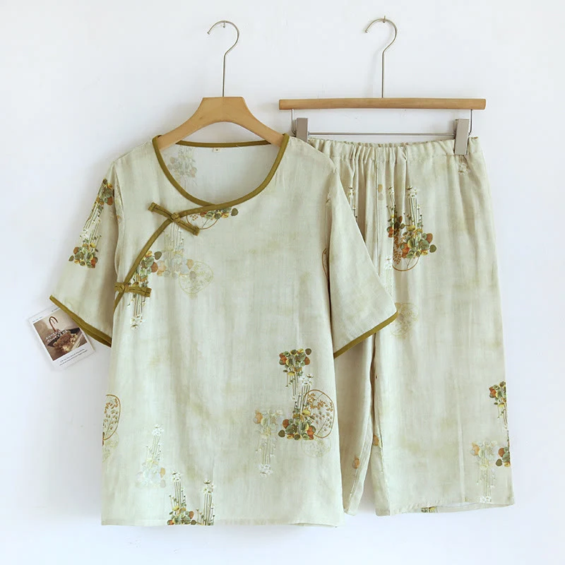Gewebtes Loungewear-Set mit kurzen Ärmeln und Blumenmuster