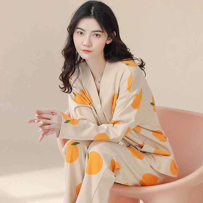 Ländliches Pyjama-Set aus Baumwolle mit V-Ausschnitt in Orange