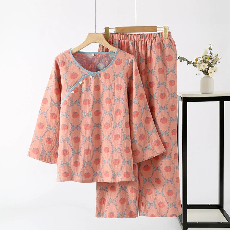 Garngefärbtes Jacquard-Pyjama-Set aus persimmonfarbener Baumwolle