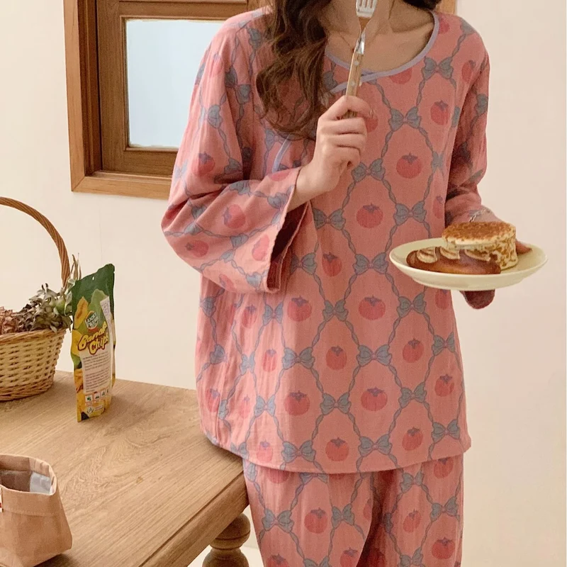 Garngefärbtes Jacquard-Pyjama-Set aus persimmonfarbener Baumwolle