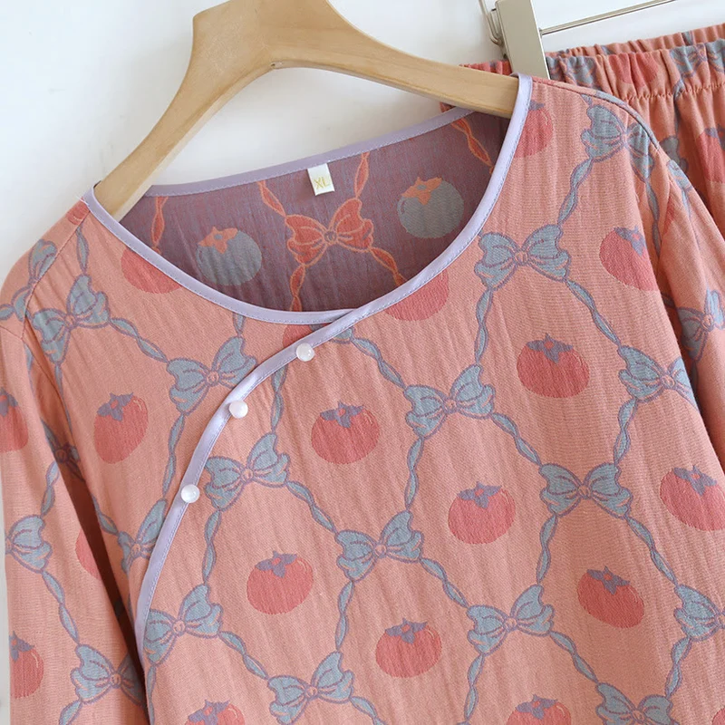 Garngefärbtes Jacquard-Pyjama-Set aus persimmonfarbener Baumwolle