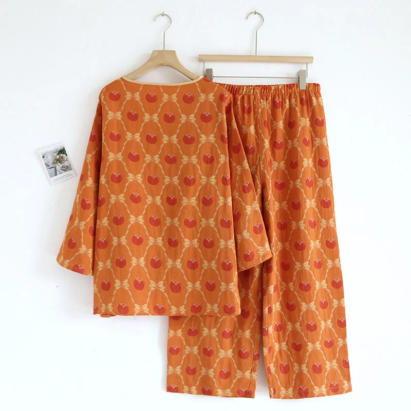Garngefärbtes Jacquard-Pyjama-Set aus persimmonfarbener Baumwolle