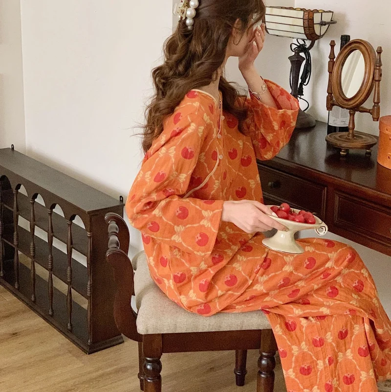 Garngefärbtes Jacquard-Pyjama-Set aus persimmonfarbener Baumwolle