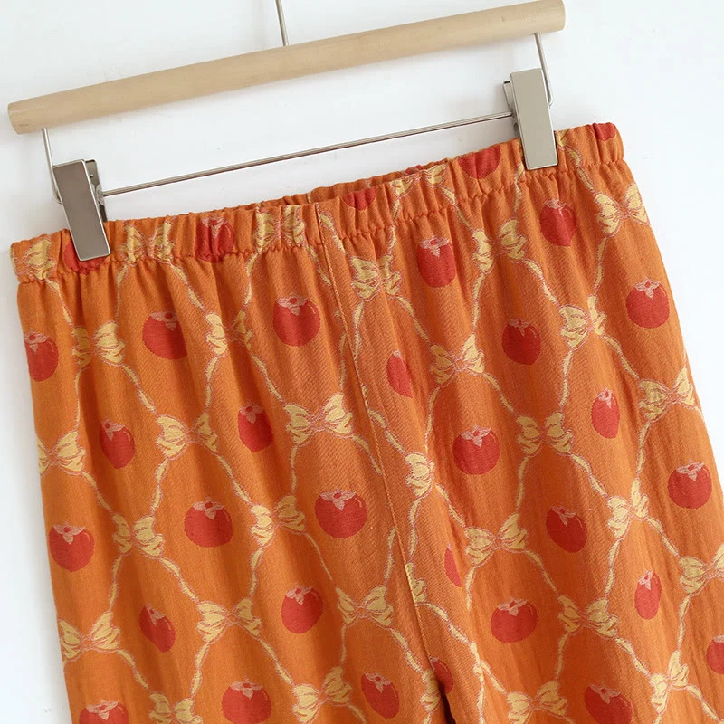 Garngefärbtes Jacquard-Pyjama-Set aus persimmonfarbener Baumwolle
