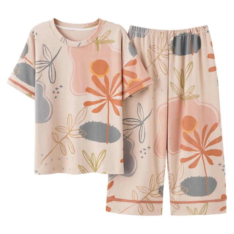 Loungewear-Set aus Baumwolle mit Blumen- und Blattmuster