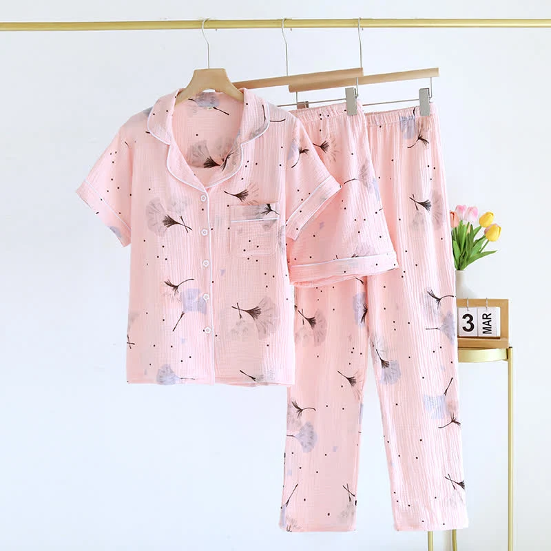 Pyjama-Set aus Baumwollgaze mit Ginkgoblättern (3-teilig)