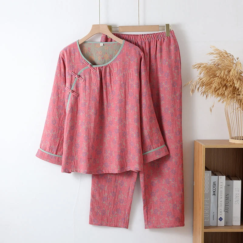 Pyjama-Set aus Baumwollgaze mit Blumenmuster und Froschverschluss