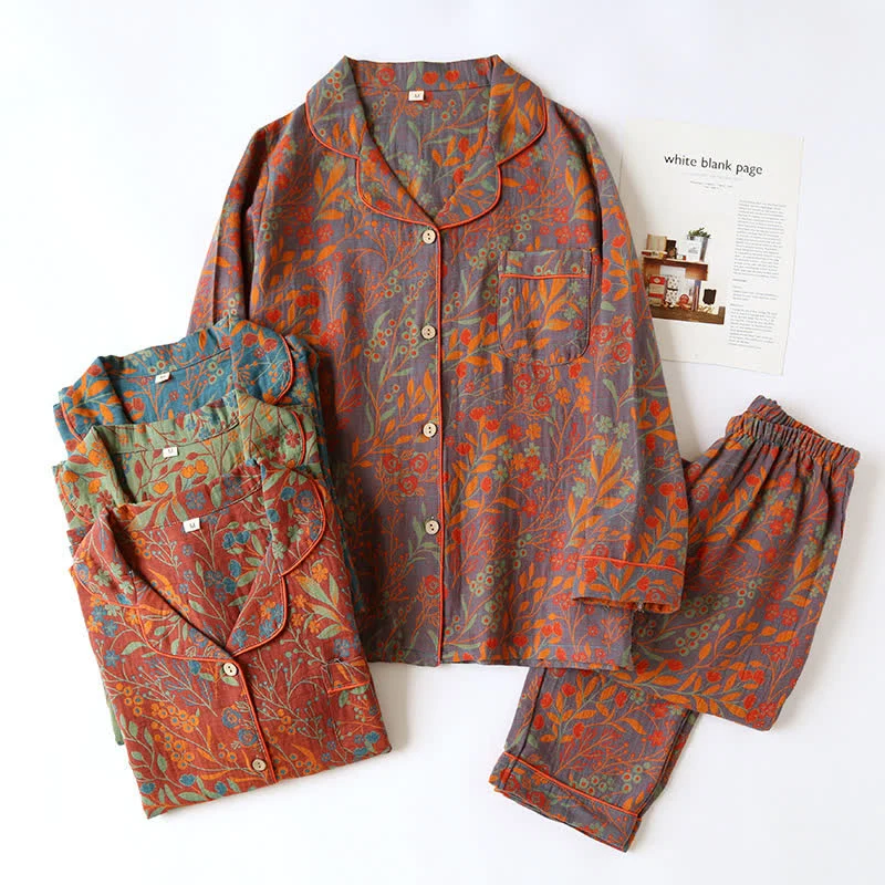 Vintage Loungewear-Set aus Baumwolle mit Blattmotiv und Revers