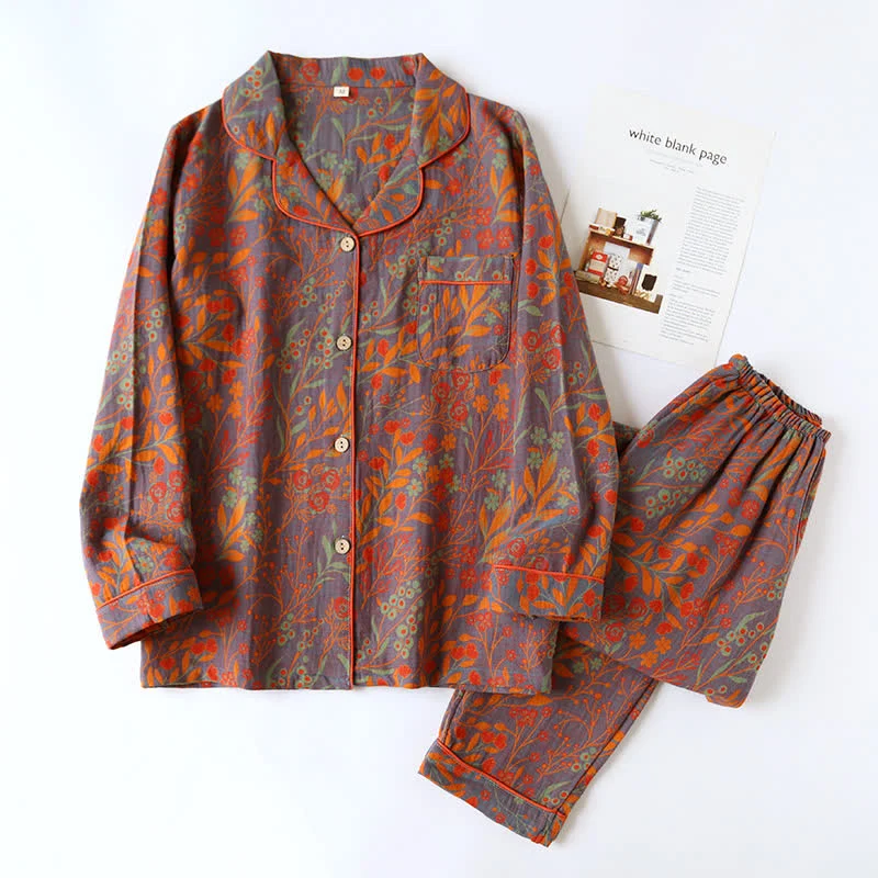 Vintage Loungewear-Set aus Baumwolle mit Blattmotiv und Revers