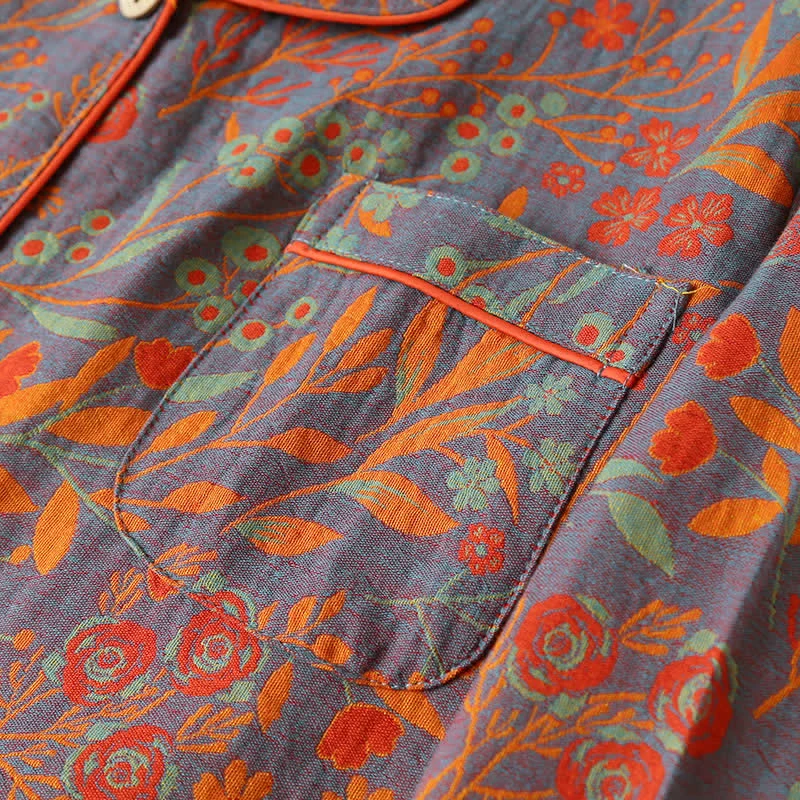 Vintage Loungewear-Set aus Baumwolle mit Blattmotiv und Revers