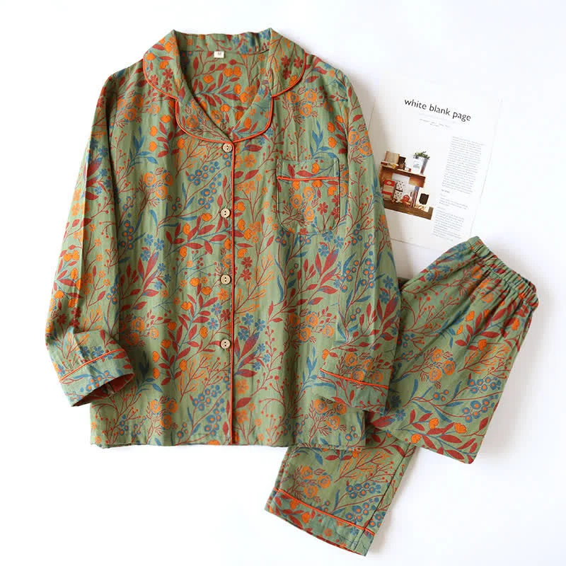 Vintage Loungewear-Set aus Baumwolle mit Blattmotiv und Revers