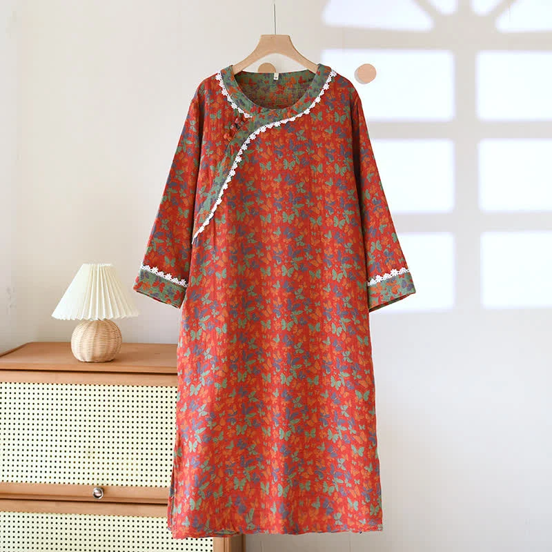Jacquard-Nachthemd aus reiner Baumwolle mit Schmetterlingsmotiv