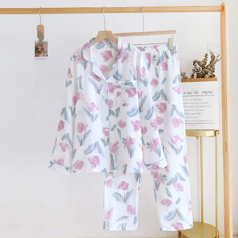 Schickes Nachtwäsche-Set aus Baumwollgaze mit Blumenmuster