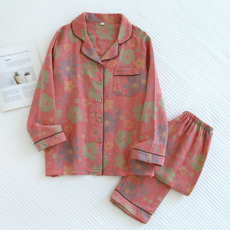 Vintage Blumen-Pyjama-Set aus Baumwollgaze
