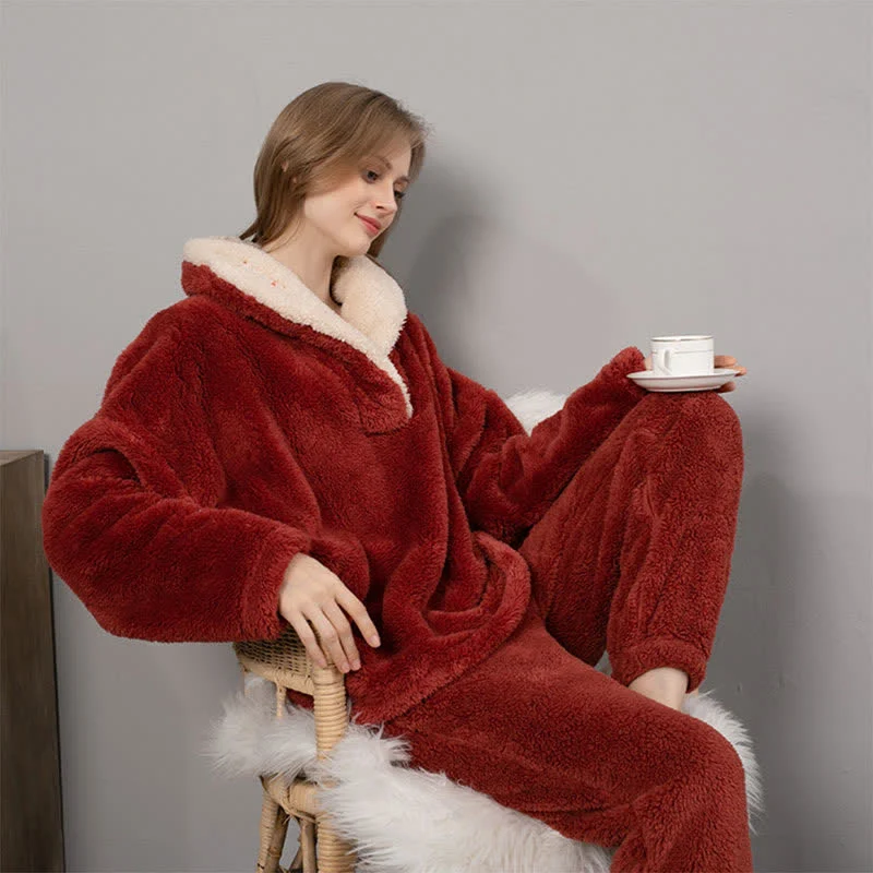 Ownkoti Schlichtes, warmes Loungewear-Set mit V-Ausschnitt für den Winter
