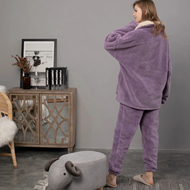 Ownkoti Schlichtes, warmes Loungewear-Set mit V-Ausschnitt für den Winter