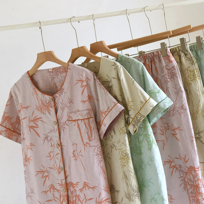 Ländliches Bambus-Cardigan-Pyjama-Set aus reiner Baumwolle