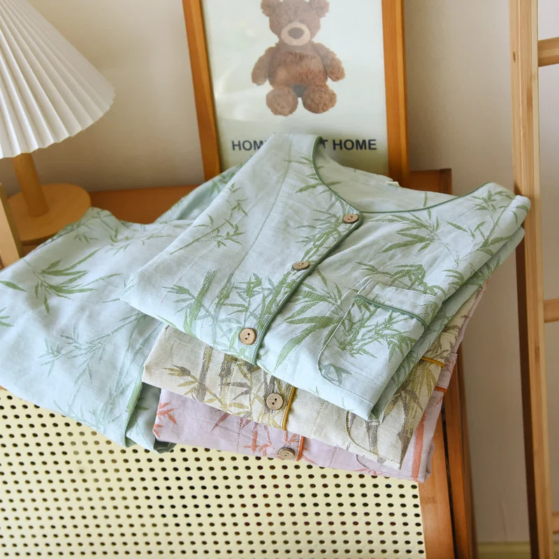 Ländliches Bambus-Cardigan-Pyjama-Set aus reiner Baumwolle