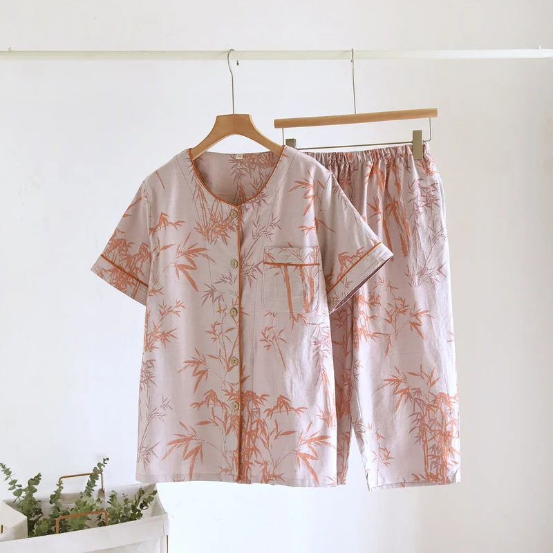 Ländliches Bambus-Cardigan-Pyjama-Set aus reiner Baumwolle