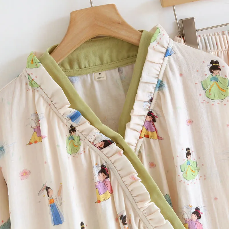 Loungewear-Set aus Vintage-Baumwollgaze mit asymmetrischer Vorderseite